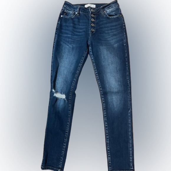 KanCan Curvy Button Fly Stylish Blue Distressed Women Denim Jeans Size 25 - Picture 1 of 10
